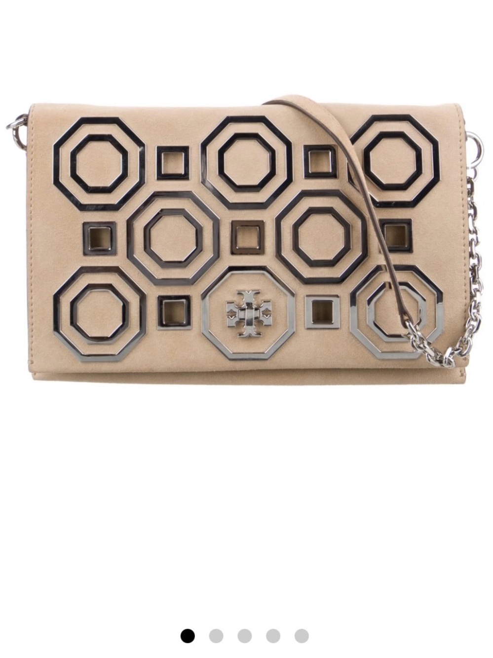 Tory Burch Taupe Suede Crossbody with Geometric Metal Cutouts